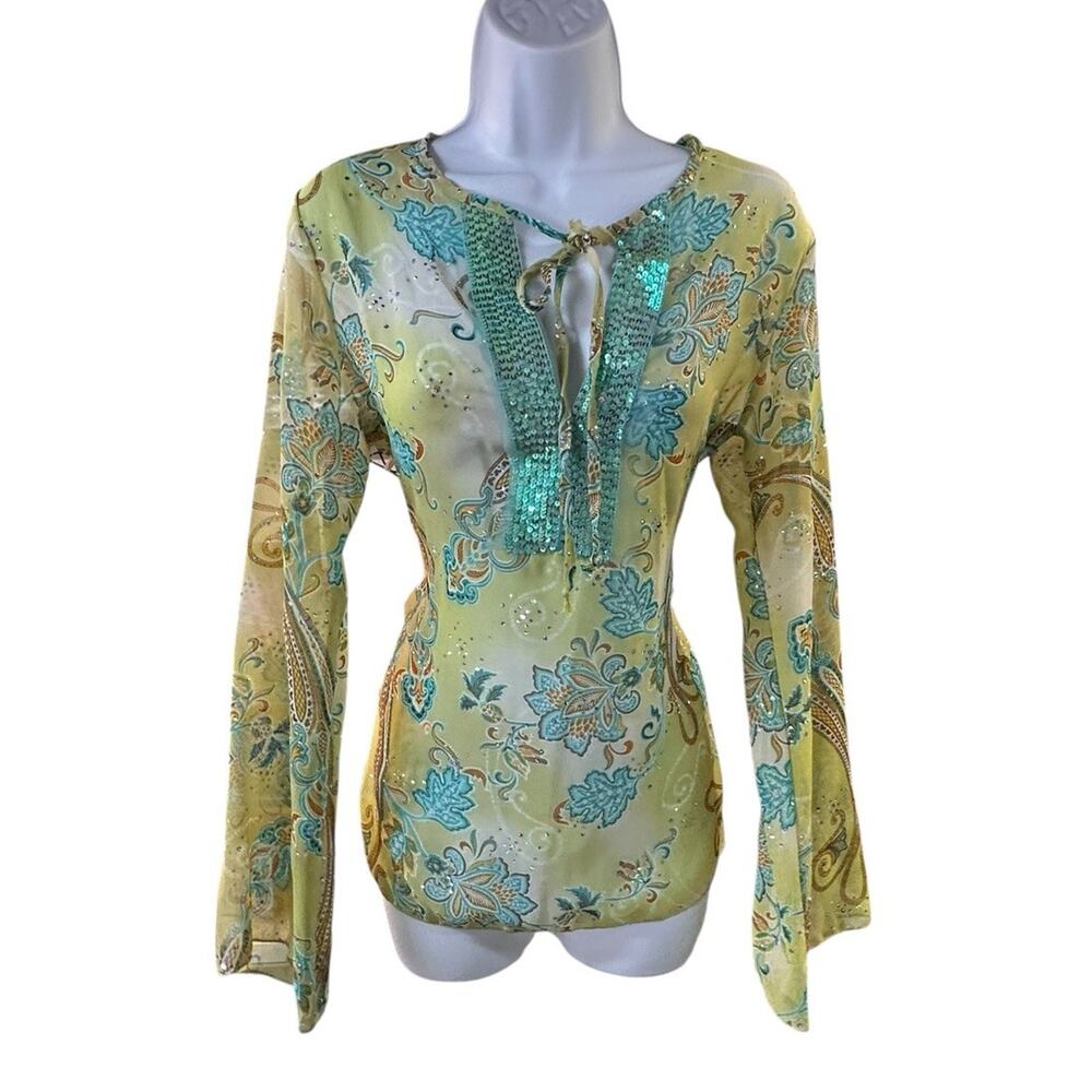 Georgiou Studio Y2K Floral Tie Front Blouse Green Sequin Fairy Grunge Top L